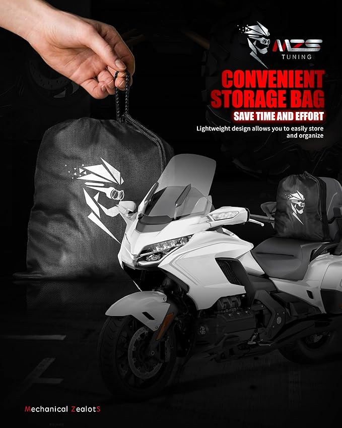 MZS Motorcycle Cover Waterproof Outdoor, Heavy Duty All Season Weather Sun Protection with Storage Bag Vents Night Reflective Cotton Lining Lock Holes fits up to 116" Motorcycles Vehicle Covers