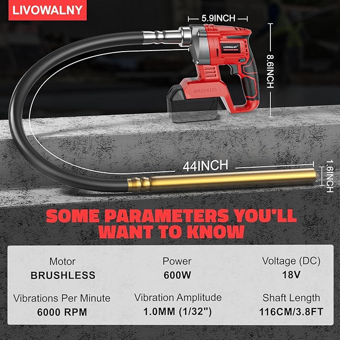 LIVOWALNY Handheld Concrete Vibrating Tool Compatible with Milwaukee 18V Battery (No Battery), 600W Cordless Electric Concrete Vibrator with 3.8ft Shaft Rod, 6000RPM Portable Vibrarator Remove Bubble