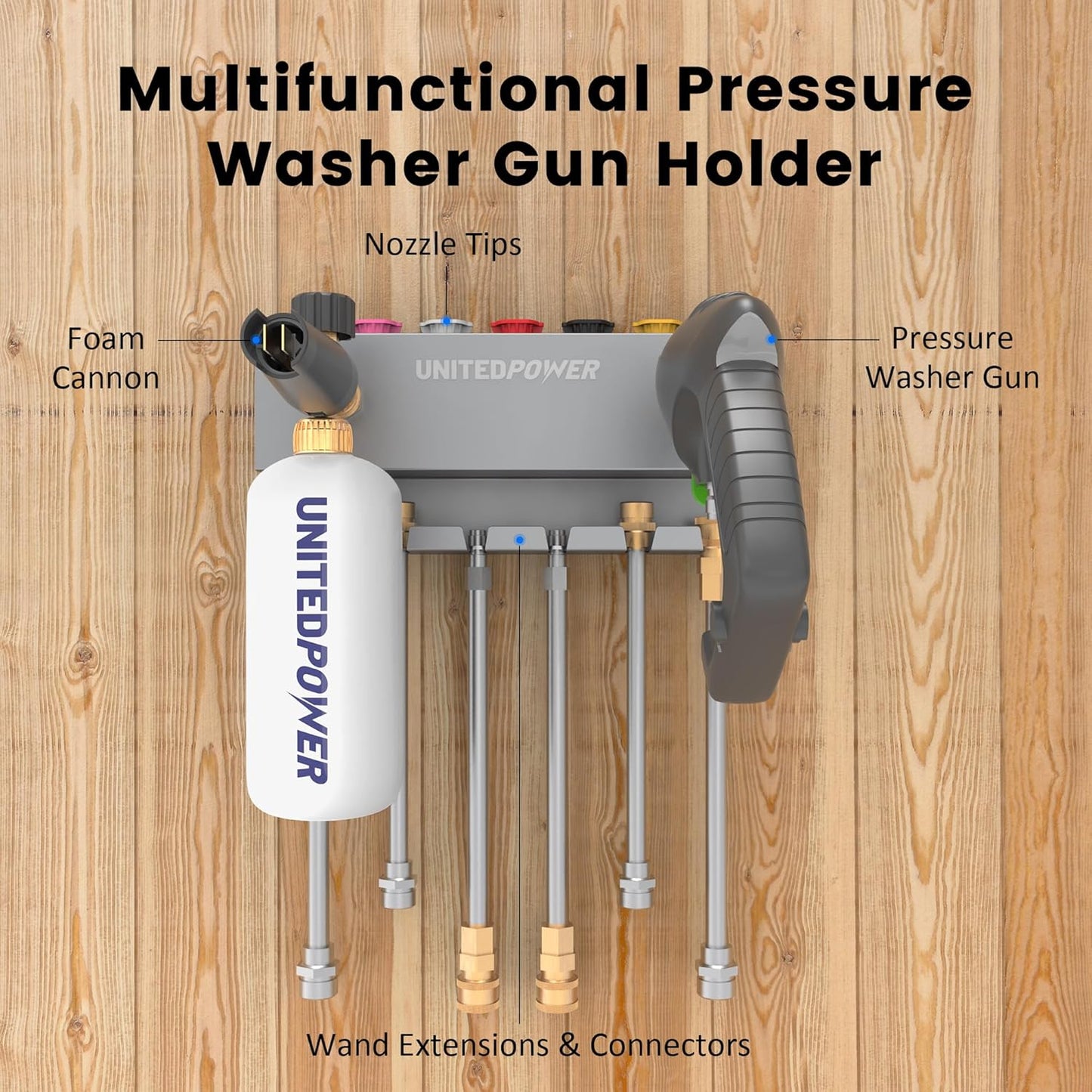 UNITEDPOWER Pressure Washer Gun Holder，Wall Mount Foam Cannon Holder，Tool Storage Rack for Pressure Washer Wand/Nozzle Tips, Car Wash Accessories Organizer, Silver