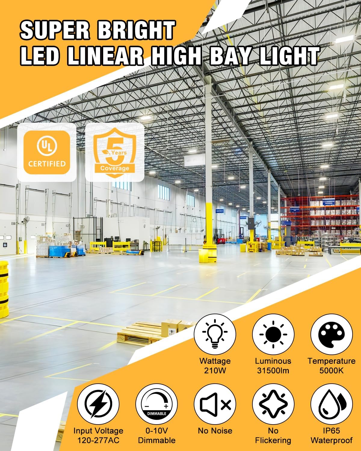 LED Linear High Bay Light, 210W LED High Bay Shop Lights Fixture, Compatible with Industrial 120-277V, 31500LM LED Linear High Bay Light for Shop Garage Warehouse, UL Complied