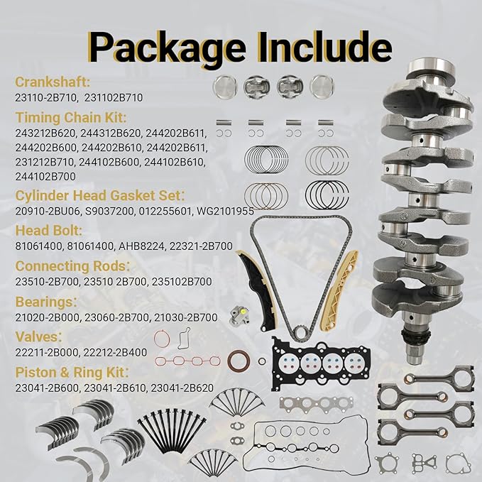 G4FJ 1.6 Engine Overhaul Rebuild Kit w/Crankshaft Head Gasket Set Connecting Rod Piston Kit Timing Chain Kit Fit For Hyundai Sonata Veloster Tucson Kia Soul Forte Optima 1.6L 2011-2022 23110-2b710