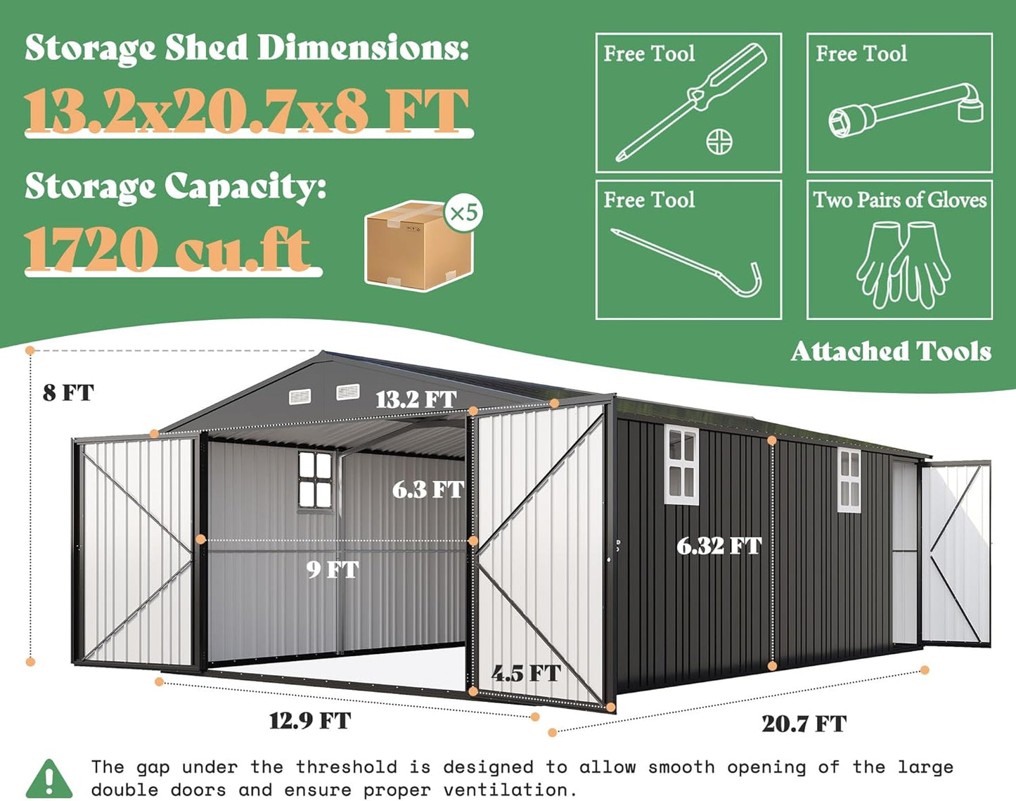AMERLIFE 13.2x21x8 FT Outdoor Metal Garage Shed, Extra Large Storage Shed with Double Hinged Doors, 4 Windows, Carport for Car, Truck, Bike and Lawn Equipment, Dark Grey