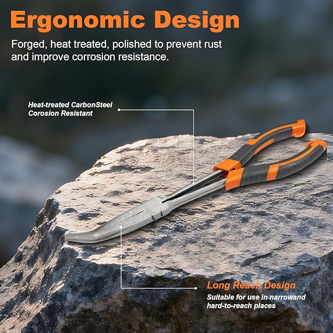 11 Inch Long Needle Nose Pliers - 1 Piece Set of Long Handle Pliers - 45° Curved Steel Designed for Machinists, Technicians and Contractors
