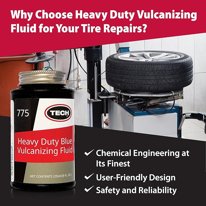 Heavy-Duty Blue Vulcanizing Fluid - Tire Repair Cement, Use with TECH Tire Stems and Patches, 8oz Bottle w/Brush Cap