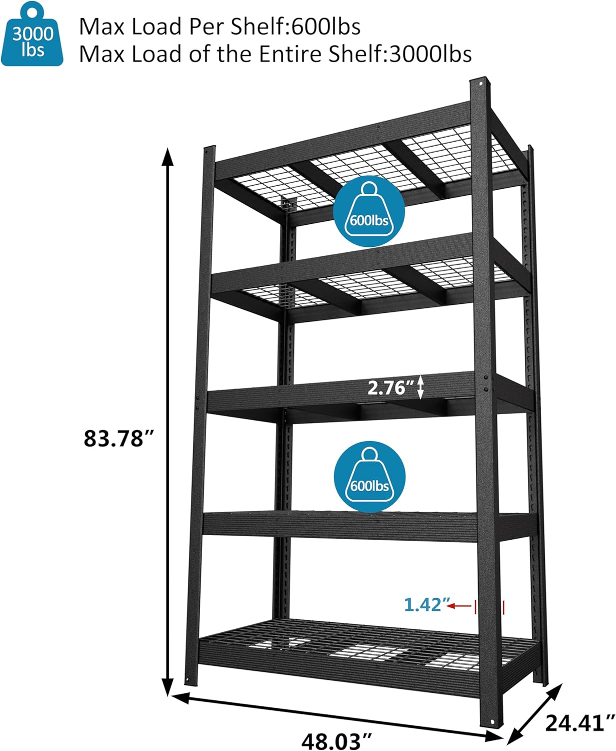 MUPATER 48.03”W × 24.41”D × 83.78”H Metal Storage Shelves, 5-Tier Adjustable Shelves, 3000 LBS Heavy Duty Standing Utility Shelf Racks for Pantry, Warehouse, Kitchen, Garage