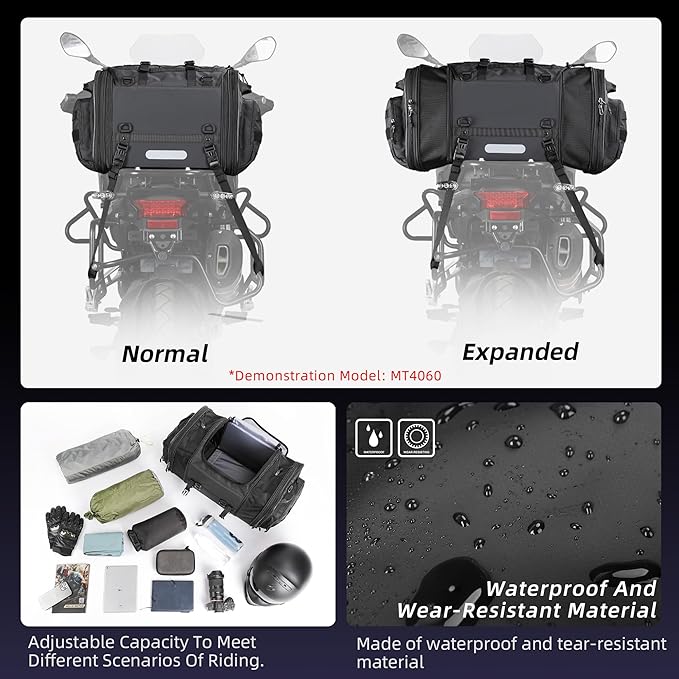 Rhinowalk Motorcycle Tail Bag Waterproof Saddle Bag 33L to 45L Expandable Durable Motorbike Helmet Bag with Rain Cover & Straps, Touring Luggage for Powersports Travel (45L, Black)