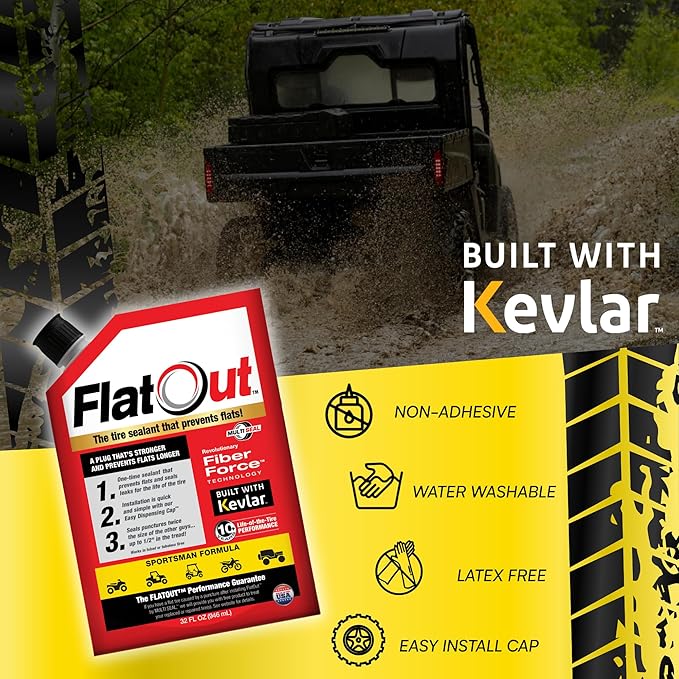 Flat Out Off Road Tire Sealant, Sportsman Formula, Prevents Flat Tires, Fix a Flat Tire, Seals Leaks, Contains Kevlar, 32 Ounce Bag, 4-Pack
