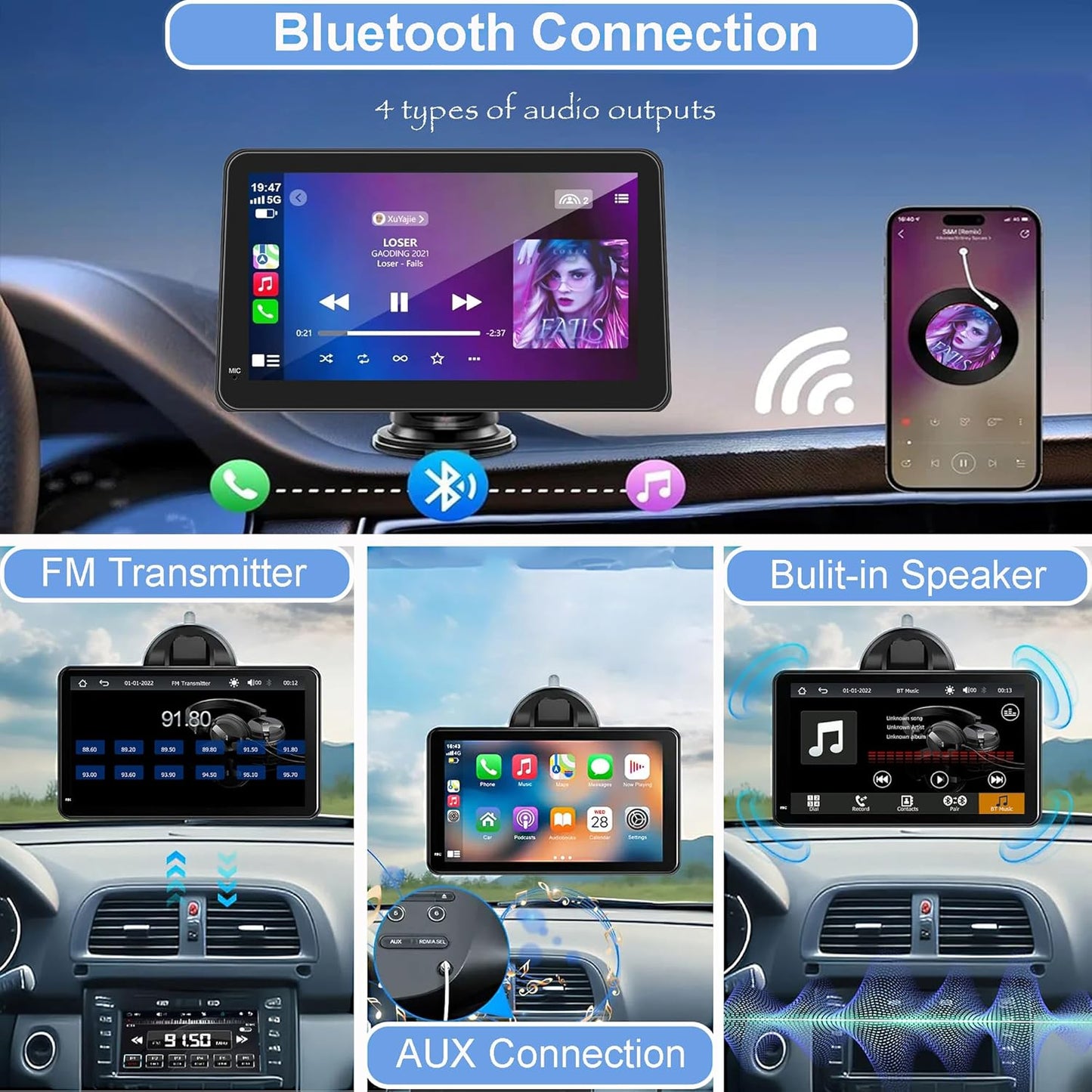 Portable Carplay Screen for Car, 7" HD Touchscreen Car Stereo with Wireless Android Auto, Car Audio Receivers with Backup Camera/GPS Navigation/Mirror Link/Voice Control/Bluetooth