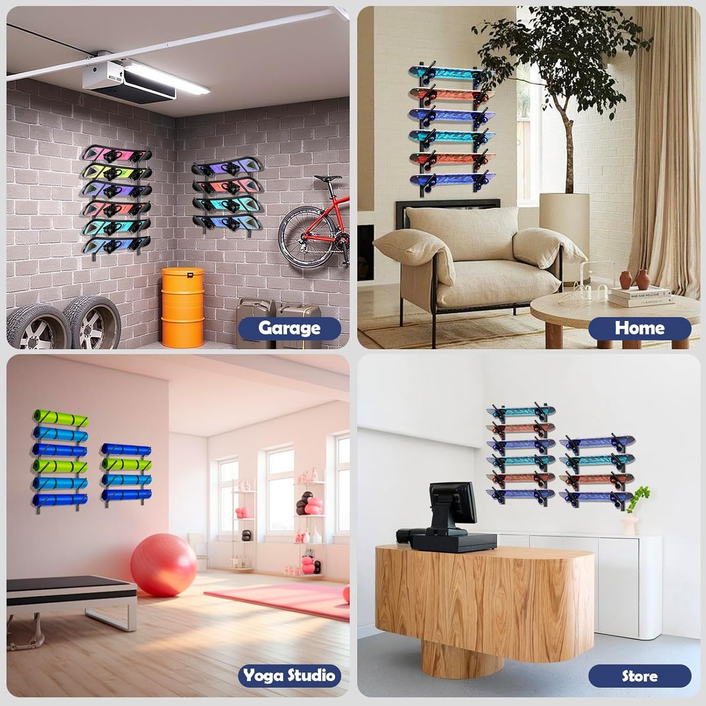 Skateboard Rack Wall Mount – Skateboard Wall Hanger, Snowboard Display Wall Mount, Ski Holder | 6-Floor Skateboard & Ski & Snowboard Storage Rack | Snowboard & Ski Lover Gifts