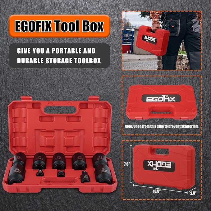 1/2" Impact Axle Nut Socket Set 10 Pieces, Drive Deep CR-MO 6 Point 30,31,32,33,34,35,36mm Metric Socket, with 3/8" - 1/2" Socket Adapter Set, Universal Joint Socket