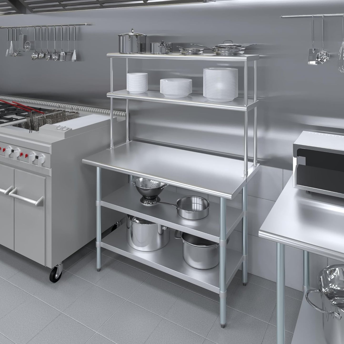 Amgood Stainless Steel Work Table with 2 Shelves | Metal Kitchen Prep Table & Shelving Combo (24" x 48" Table with 2 Shelves + 12" Overshelf)