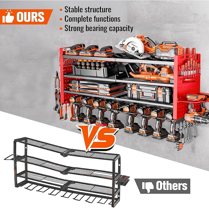 33" W Power Tool Organizer Wall Mount,4-Layer Heavy Duty Tool Storage with 10 Cordless Drill Holder,300 lb Capacity Garage Organization for Garage and Workshop,Red