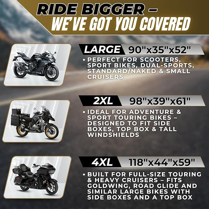 600D Heavy Duty Motorcycle Cover 100% Waterproof; License Plate Window, Exhaust Heat Guard, Night Reflectors, Wheel Lock Slots (Black, 2XL 98X39X61)