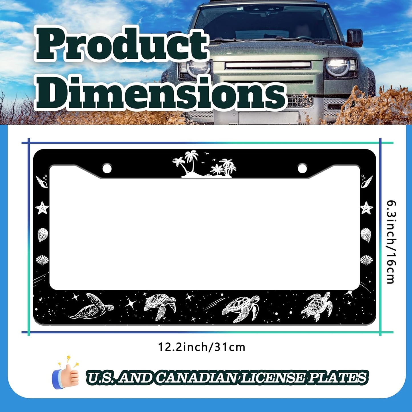Turtle License Plate Frame Beach Shell Animal License Plate Holder for Front or Rear Car Tags Stainless Steel Funny Car Decoration with Screws 6.3 X 12.2 in