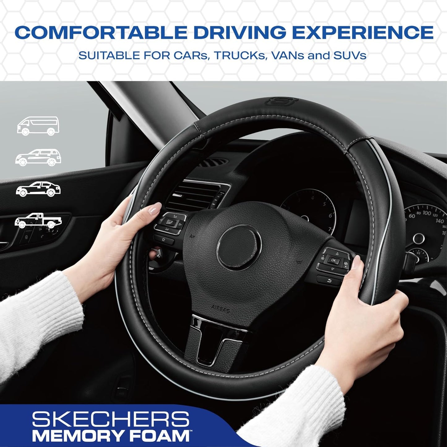 Skechers Memory Foam Steering Wheel Cover,Piping Microfiber Leather Steering Wheel Cover Sporty Universal Fit 14" 1/2-15" Car Wheel Protector for Men Women Fit Suvs,Vans,Sedans,Car,Trucks,Gray