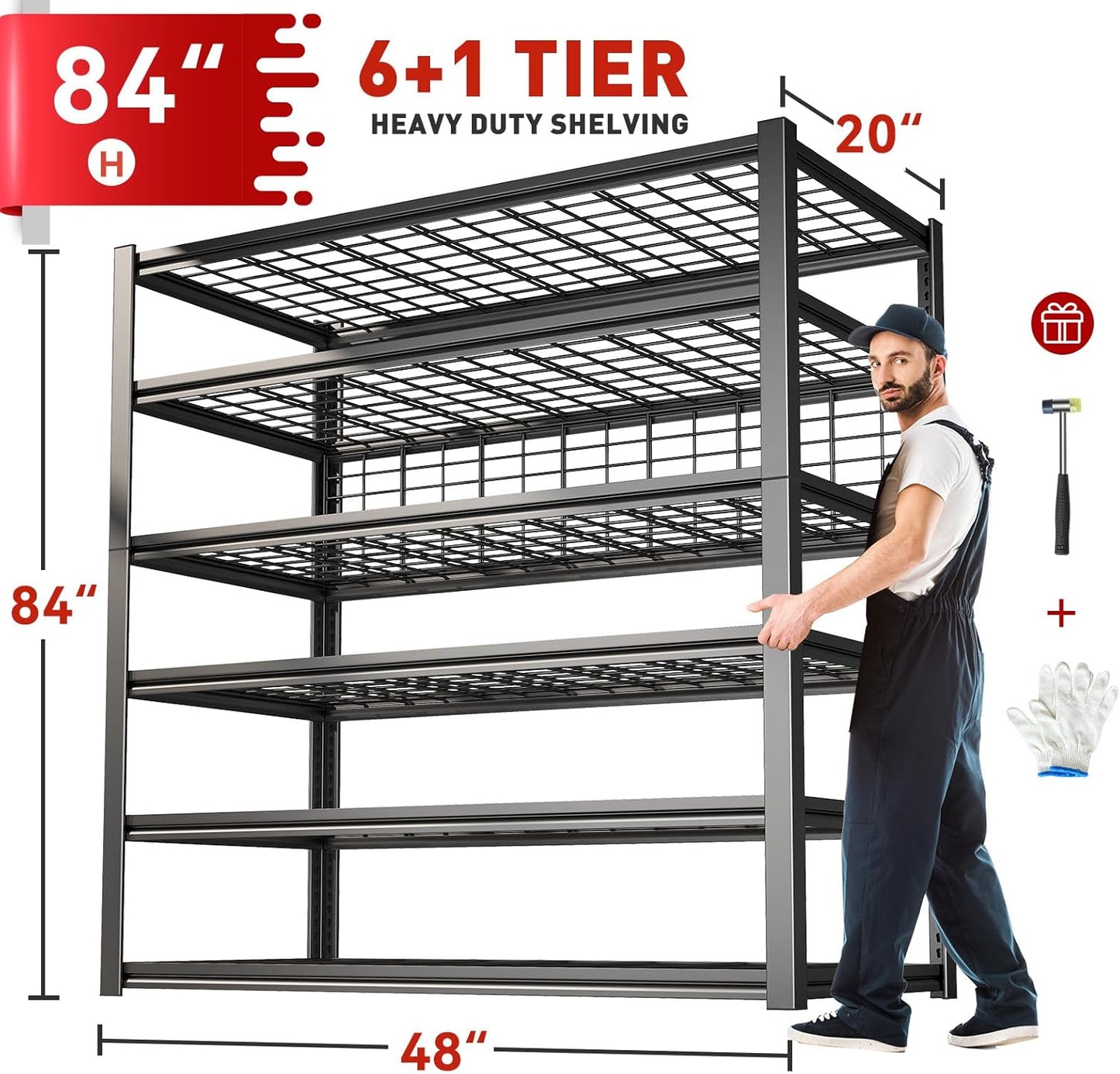 REIBII 84" H Garage Shelving, 6-Tier Storage Shelves Heavy Duty Loads 3500LBS, 48" W Adjustable Garage Shelves, Metal Shelving for Basement, Warehouse, 84" H x 48" W x 20" D