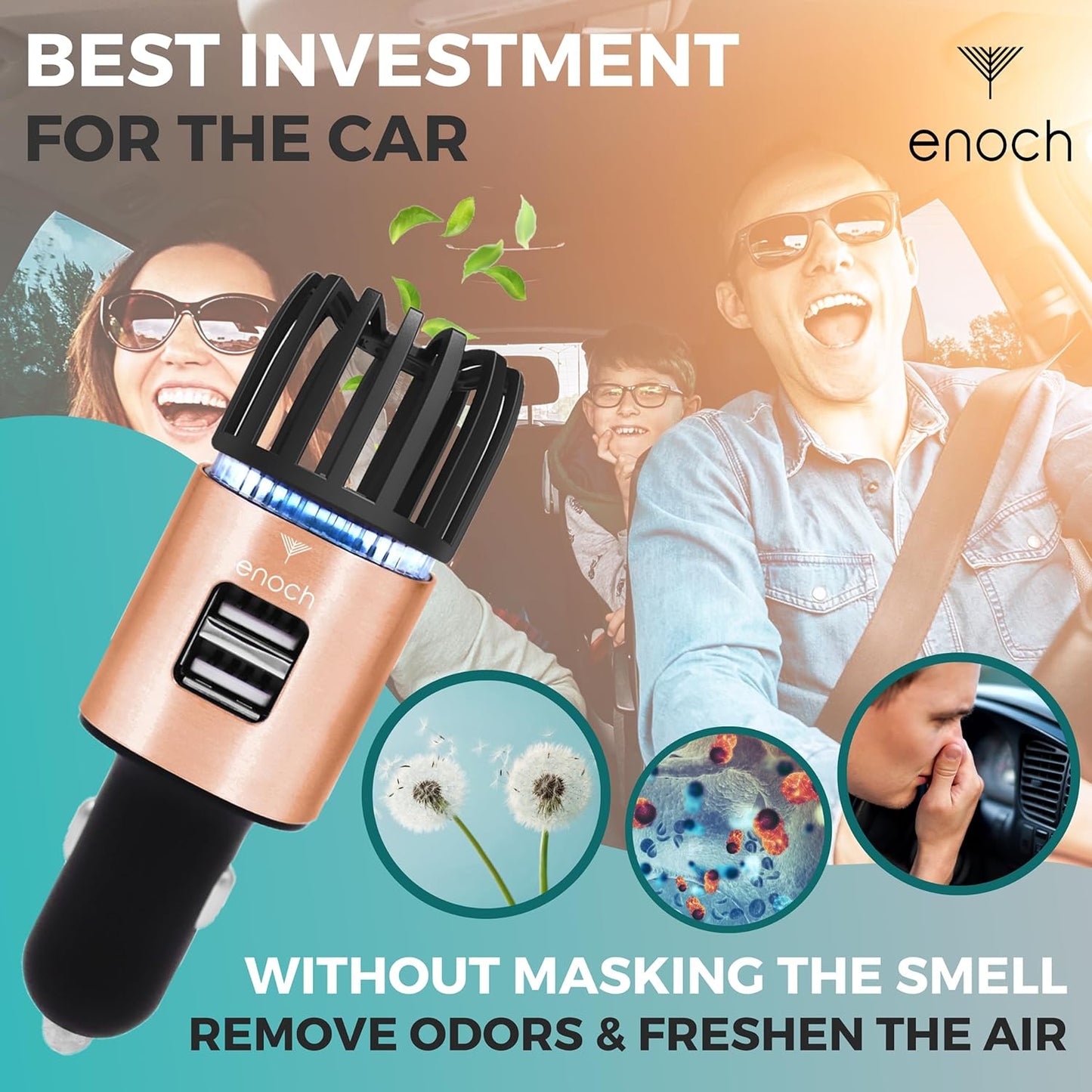 Enoch Car Air Purifier Premium Air Ionizer - 12V Plug-In Ionic Ozone Deodorizer Accessory with Dual USB Car Charger - Eliminates Cigarette Smoke, Pet and Food Odors, Dust (Rose Gold)