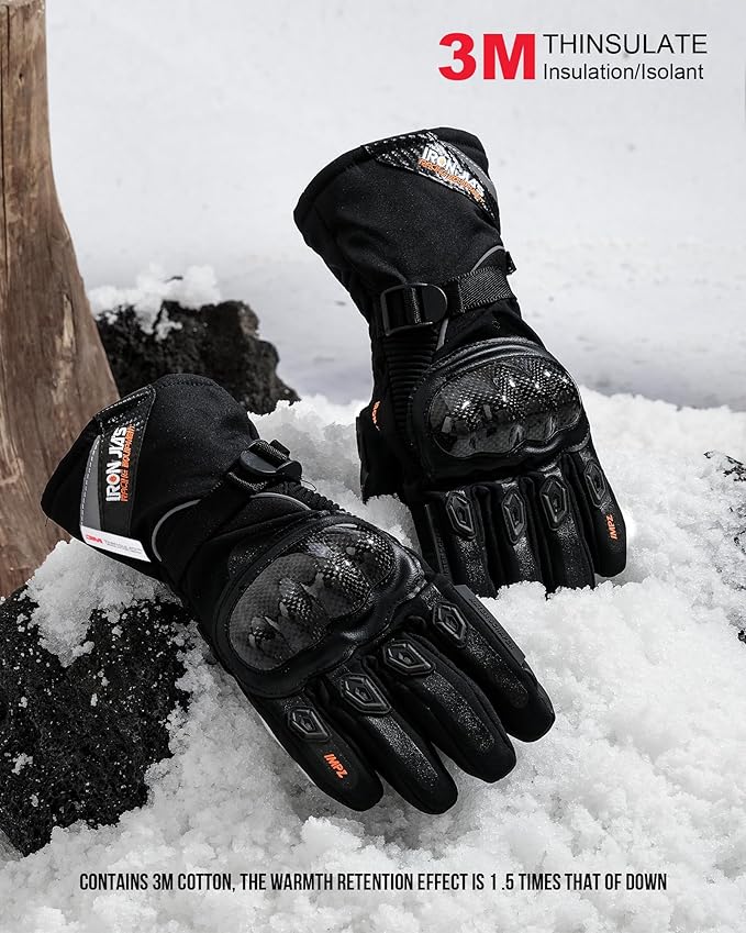 BORLENI Winter Motorcycle Gloves for Men, CE Level 1 KP Protection, Touchscreen Windproof Waterproof Warm Riding Gloves with Carbon Fiber Shell for Cold Weather