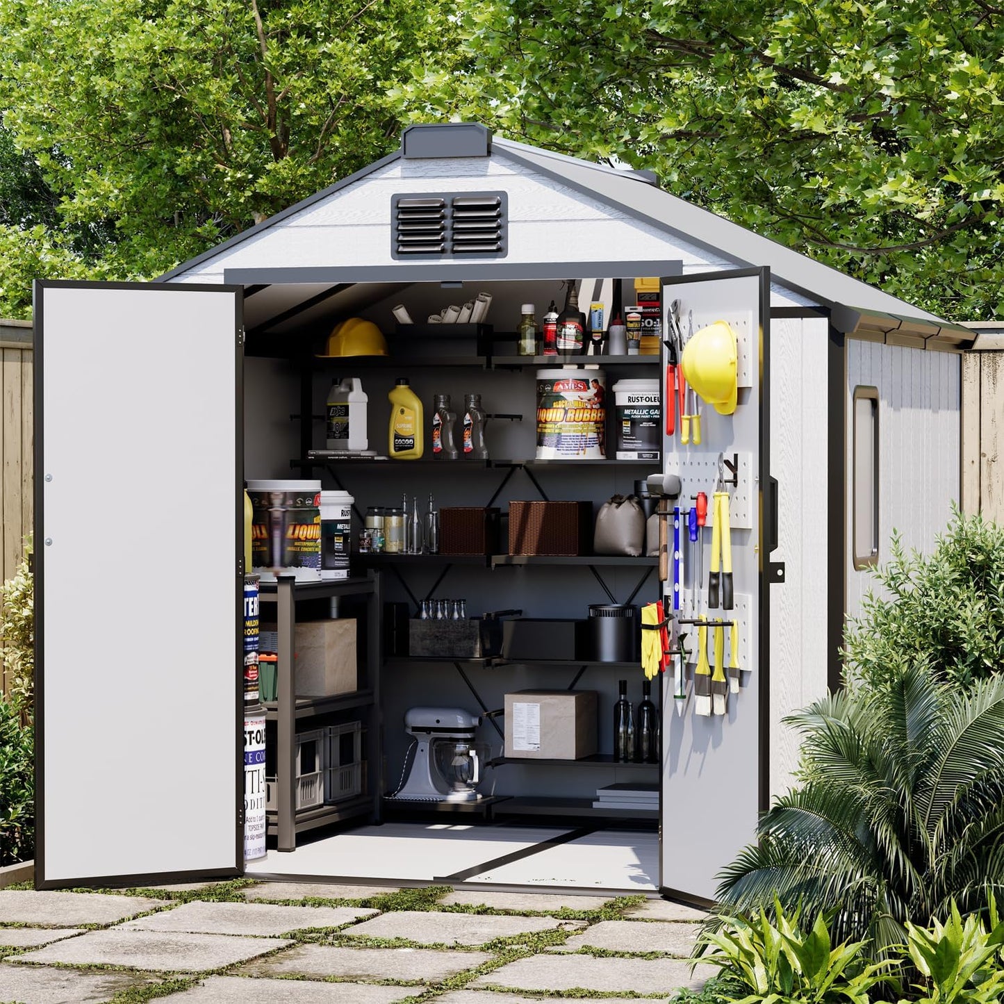 8 x 6 FT Resin Outdoor Storage Shed, All-Weather Plastic Garden Shed with Floor, Lockable Doors & Windows, Plastic Tool Shed for Poolside, Backyard, Patio