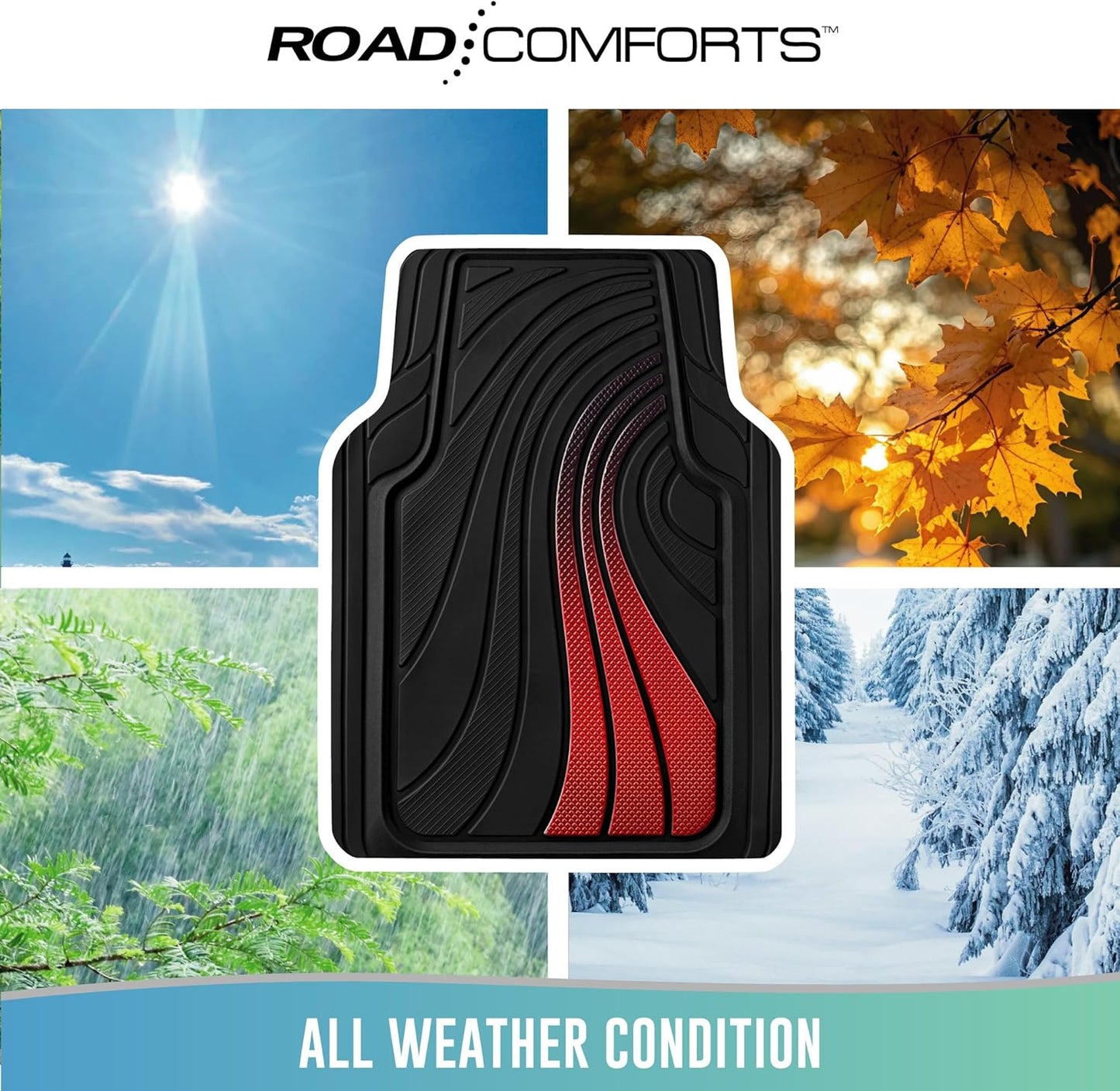 Road Comforts Car Floor Mats Full Set – Front & Rear Car Floor Mats with Aluminum Design, Anti-Slip Backing, All-Weather Protection, Trim-to-Fit Car Mats for Most Sedans, SUVs & Vans - Red