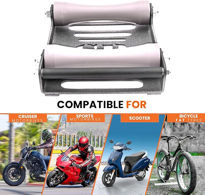GRAND PITSTOP Motorcycle Roller Wheel Cleaning Stand - Paddock Stand Replacement - Wheel Roller Stand with Ramp Support for tire Cleaning & Chain Lubrication (Roller Large Antic Silver)