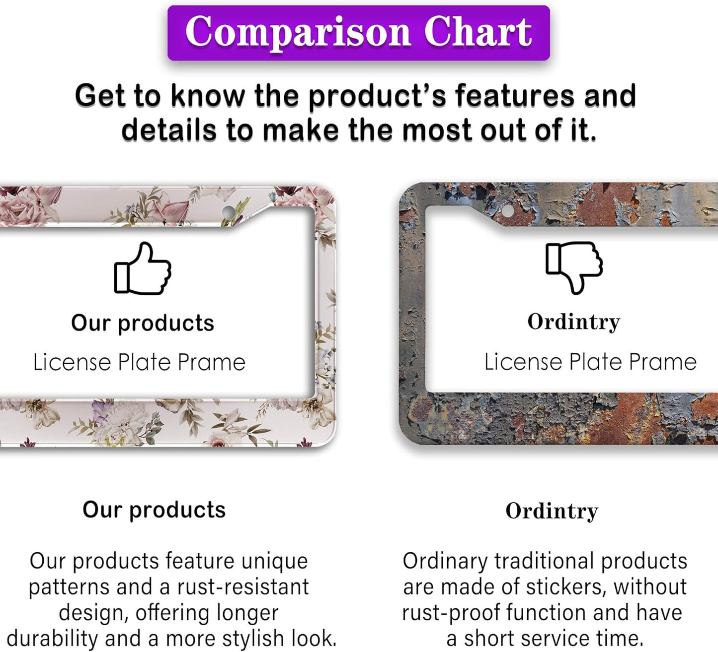 License Plate Bracket for Women Multicolor License Plate Frames for Men Vintage Floral Aluminum Metal Car Accessory 2 Pack with Screw Covers Set