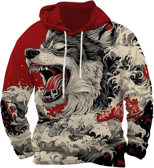 Mens Animal Print Graphic Hoodies Casual Long Sleeve Japanese Art Style Hooded Sweatshirt Lightweight Pullover Tops