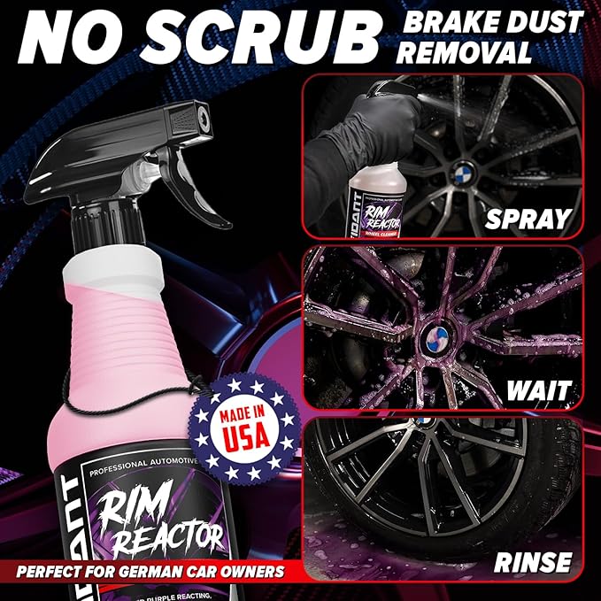 Carfidant Rim Reactor Wheel and Tire Cleaner Spray - Easily Removes Brake Dust & Grime - Safe for Aluminum, Chrome & Black Wheels - Ideal for BMW, Mercedes, Audi & Porsche Wheels - pH Neutral - 16oz
