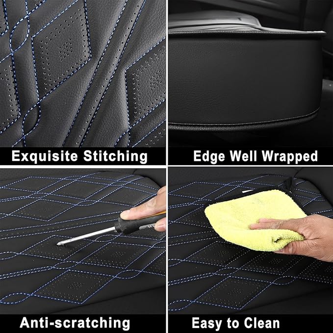 Huidasource Back Seat Covers, Waterproof Leather Rear Split Bench Car Seat Cover, Vehicle Seat Cushion Cover Protector Universal Fit for Most Cars Sedan Pickup Truck SUV(Back Row/Black&Blue)
