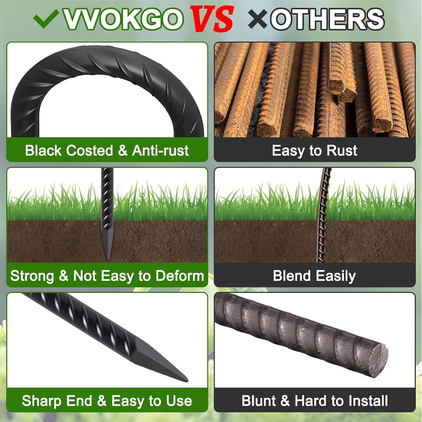 VVOKGO Rebar Stakes 16 Inches J Hook Heavy Duty Chain Link Fence Stakes, 8 Pcs Metal Long Tent Spikes Ground Anchors for Wire Fencing, Dogs Digging, Camping Tents, Swings, Greenhouse, Black