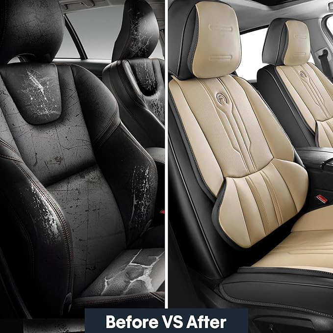 Car Seat Covers Custom Fit for Ford F150 2009-2026, Faux Leather Seat Cover Set for 2017-2026 F250 F350 F450, Acommodating Regular Cab Super Cab Super Crew Pickup Truck Cushions(BeigeBlack, Full Set)