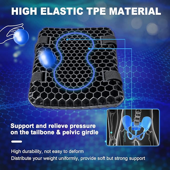 Motorcycle Gel Seat Cushion, 3D Honeycomb Shock-Absorbing, Hollow and Breathable, Hel Material is Compressive, Non-Breaking, Non-Hardening, Soft and Comfortable (Small Rectangular Style)