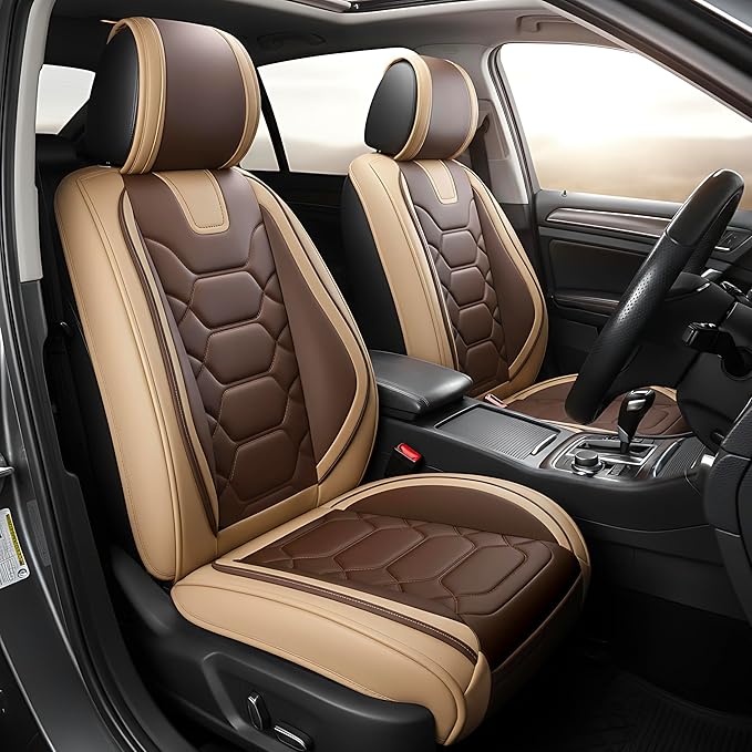 OASIS AUTO Car Seat Covers Front Seats, Waterproof Faux Leather Seat Covers for Cars Universal Fit for SUV, Truck, Sedan, Black Premium Car Seat Protector with Cushions (OS-004 Coffee)