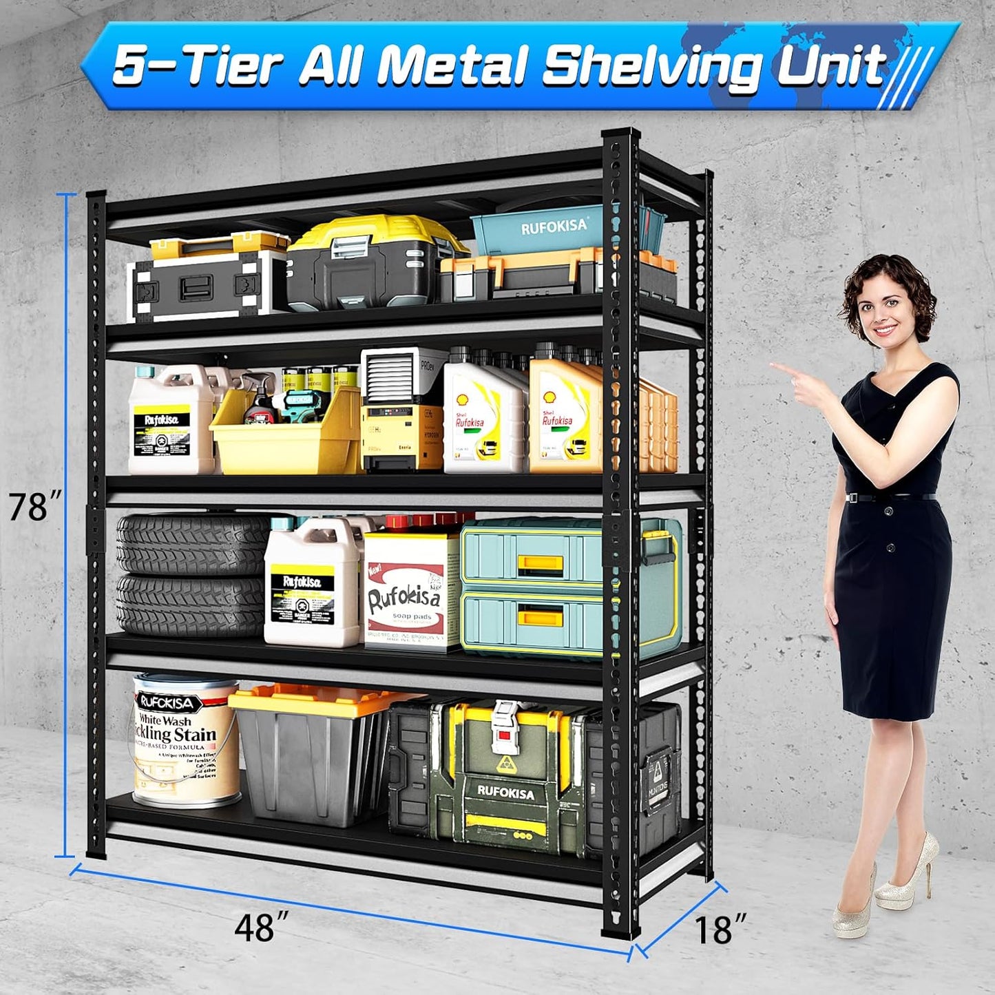 48" W Garage Shelving Heavy Duty，2500LBS Loads Metal Shelving Units and Storage,5-Tier Garage Storage Shelves Heavy Duty, Industrial Utility Shelves,48”W x 18”D x 78”H(Black)