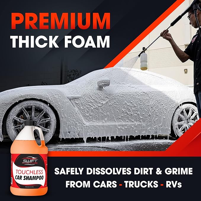 Swift Touchless Car Wash Shampoo (1 Gallon) - No Brushing Required, High Foaming Car Soap, Heavy Duty, Auto Detergent for Foam Cannon, Works on Cars, Trucks, RVs, Upholstery & More!