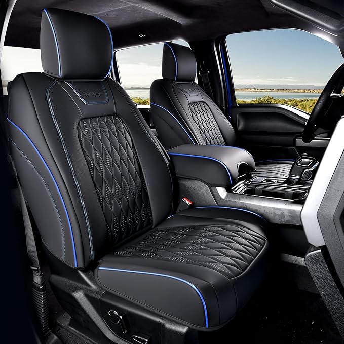 Coverado Leather Seat Cover, Custom Fit for Ford F150 Seat Covers, Ford F150 Truck Seat Covers Waterproof Fit for 2015-2025 F150 & 2017-2025 F250 F350 F450 Blueline - Front Pair