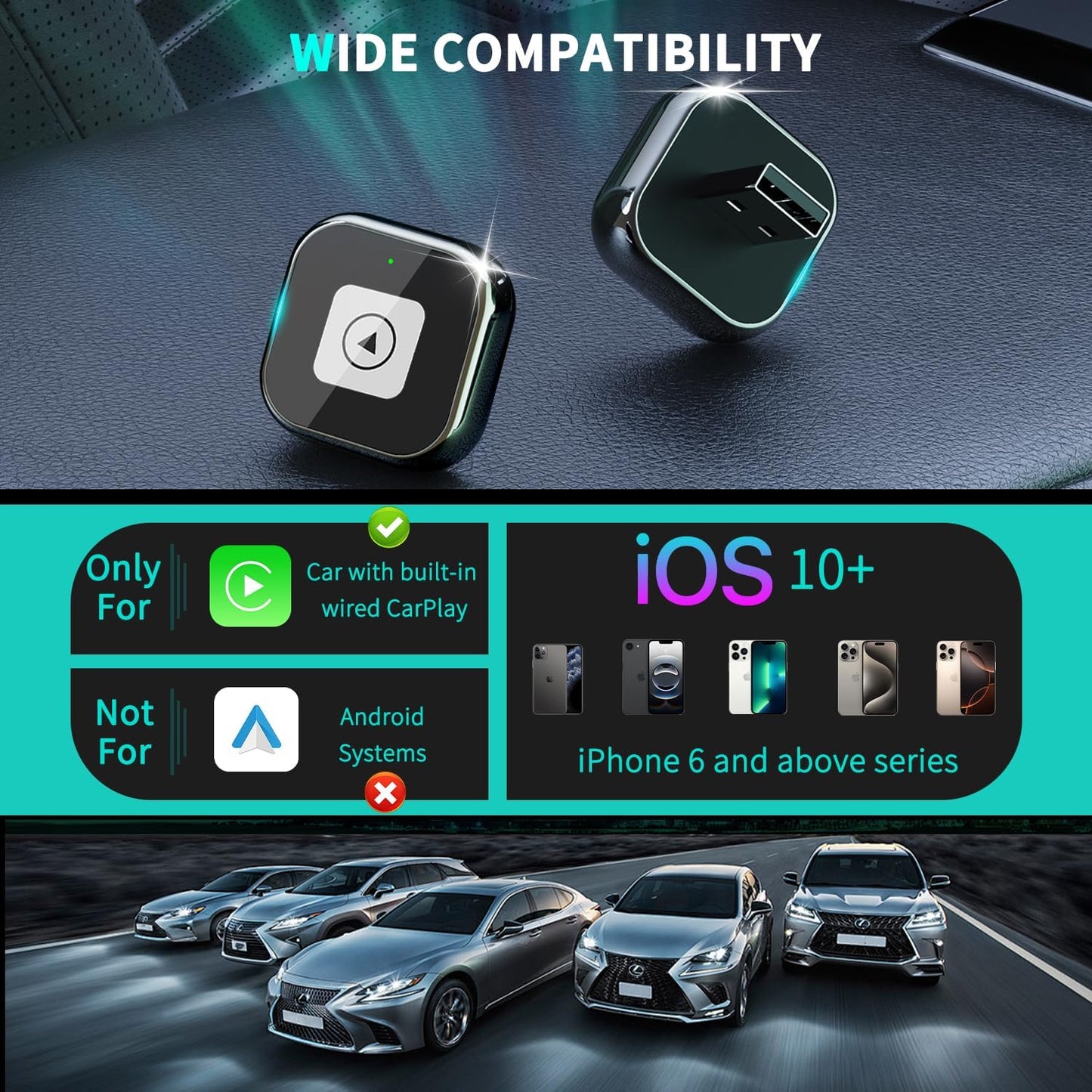 Wireless CarPlay Adapter for iPhone - Mini USB Design, Plug & Play, Auto Connect,Convert Wired to Wireless CarPlay in Seconds, iOS 10+ Compatible (2025 Upgrade) for Cars 2016+ (Black)