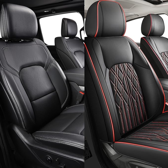 Huidasource Car Seat Covers Full Set, Leather Vehicle Cushion Covers, Universal Fit for Most Car Sedan SUV Pickup Truck, Fit for Acura Honda City Nissan Altima Mazda Hyundai (Full Set/Black&Red)