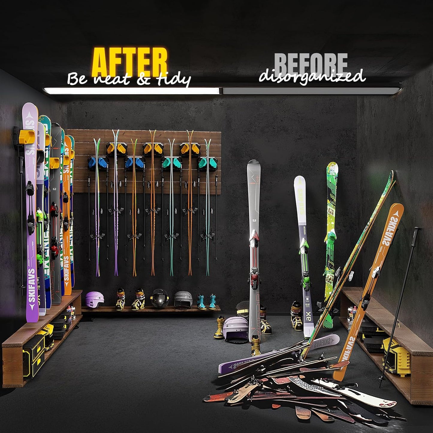 Ski & Snowboard Wall Rack for Garage - Fits Any Ski/board, Damage-Free Storage, Yellow, 6 Pack