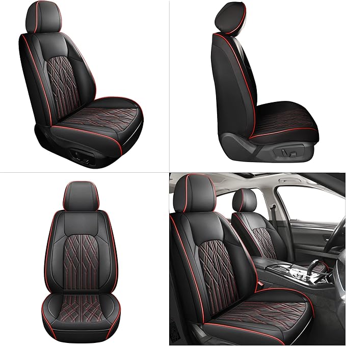 Huidasource Car Seat Covers Full Set, Leather Vehicle Cushion Covers, Universal Fit for Most Car Sedan SUV Pickup Truck, Fit for Acura Honda City Nissan Altima Mazda Hyundai (Full Set/Black&Red)
