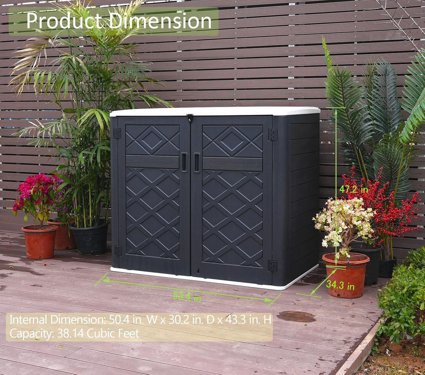 ADDOK Larger Outdoor Storage Shed Weather-Resistance, Horizontal Outdoor Storage Box Waterproof for Garden Backyard Patio and Lawn, 38 Cuft Capacity for Bike, Garbage Cans, Lawn Mover, Patio Tools