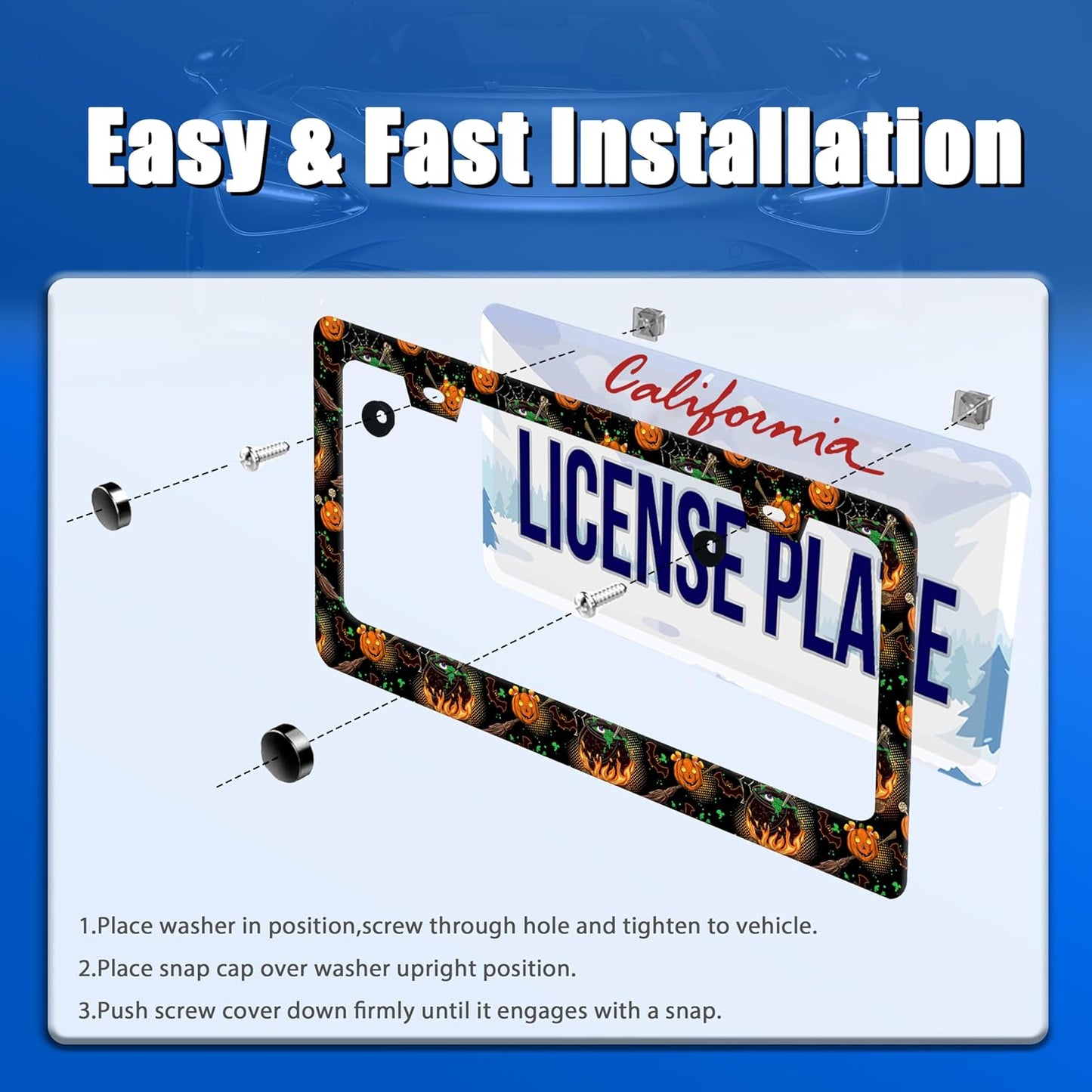 Halloween License Plate Frame Pumpkin Bats License Plate Stainless Steel Funny License Plate Holder for Men Women Universal Colorful Car Accessories Decoration 12.3" x 6.3"
