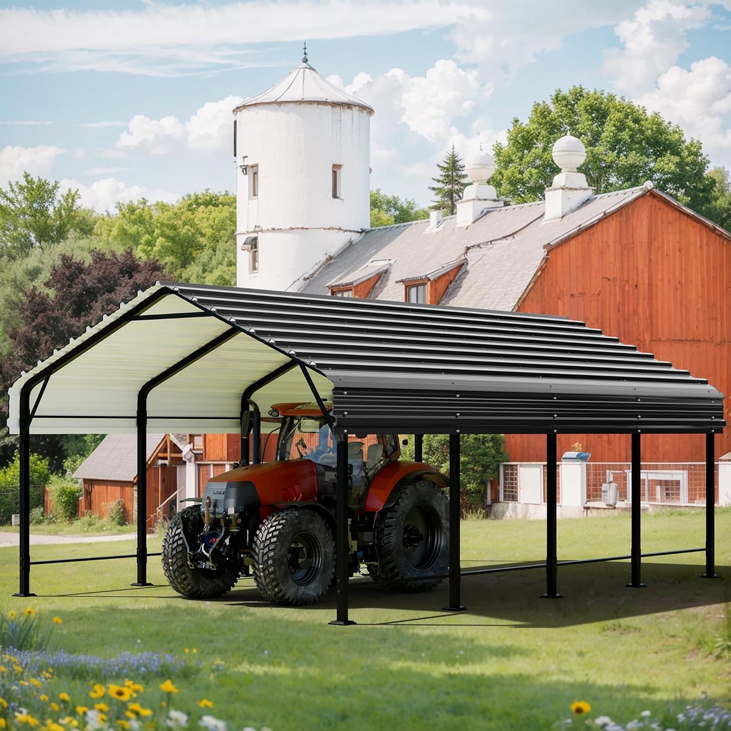 JAMFLY Carport, 12X15 FT Metal Carport, Heavy Duty Carport Canopy with Galvanized Steel Roof and Frame, Metal Car Garage Upgraded Extra Large Garage for Pickup, Boat, Car and Tractors