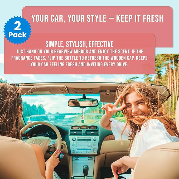 Car Air Freshener French Vanilla 2 Pack - Sweet Aroma Diffuser, Long-Lasting Vanilla & Cake Hanging Oil Diffuser with Wooden Cap, Non-Toxic Rearview Mirror Accessory, Made in USA