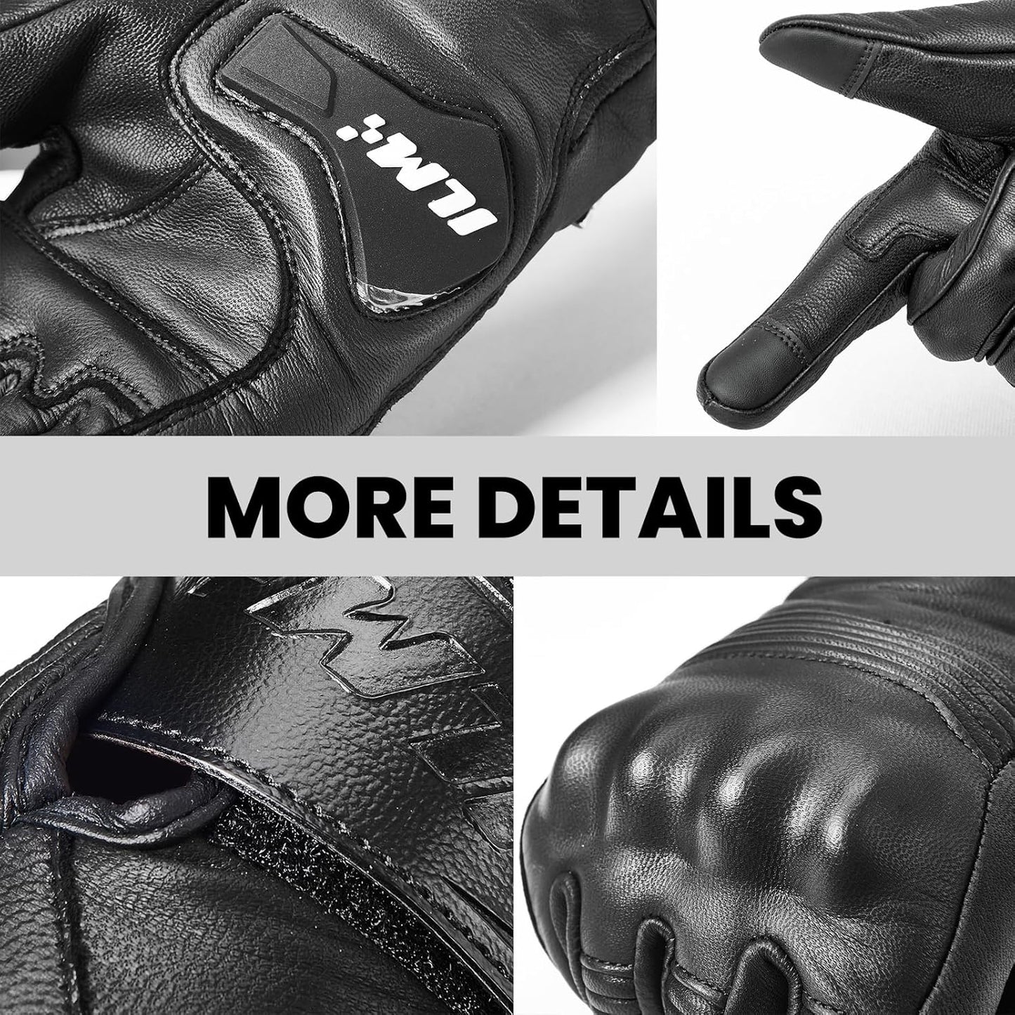 ILM Goatskin Leather Motorcycle Motorbike Powersports Racing Gloves Touchscreen for Men and Women Model DN01(L, Black Unperforated)