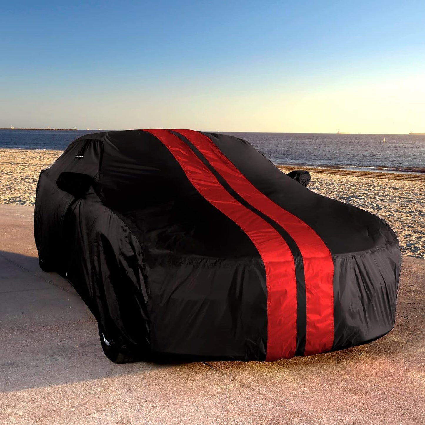 iCarCover Custom Car Cover for 2005-2025 Ford Mustang GT, Ecoboost, Mach 1, V6 Waterproof All Weather Rain Snow UV Sun Protector Full Exterior Indoor Outdoor Car Cover (Stripe - Black/Red)