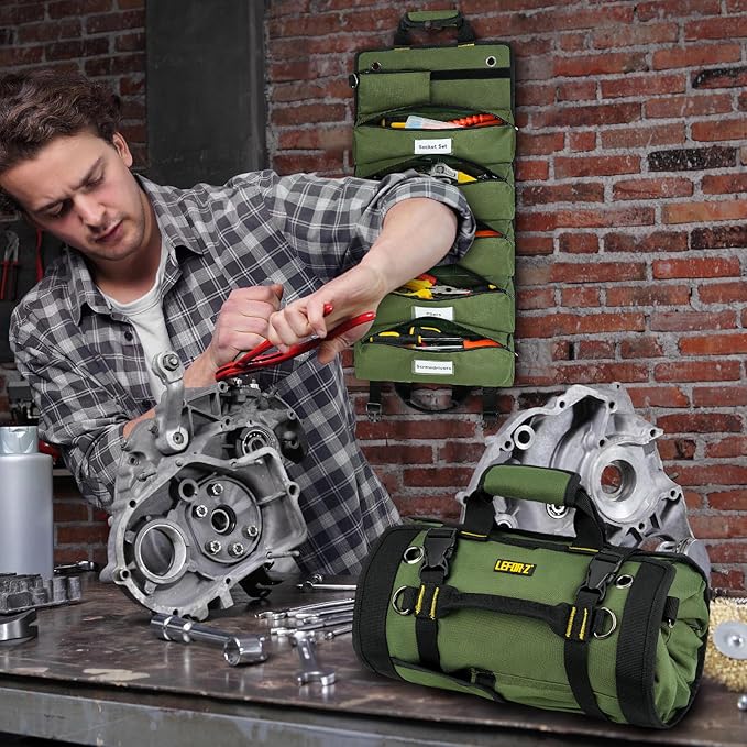 Tool Bag,Large Roll Up Tool Bag Organizer,13 Pockets Tool Roll Storage Pouch,Heavy Duty Portable Tool Storage Carrier Bag for Men,Mechanic,Electrician & Hobbyist,Green