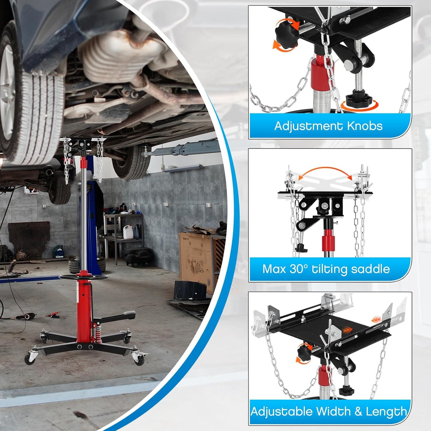 Transmission Jack, 1100lbs (1/2 Ton), 2-Stage Hydraulic Telescopic Jacks, Lifts 34"-68", with Foot Pedal & 360° Swivel Wheels, Ideal for Garage and Car Lifting, Heavy-Duty, Red