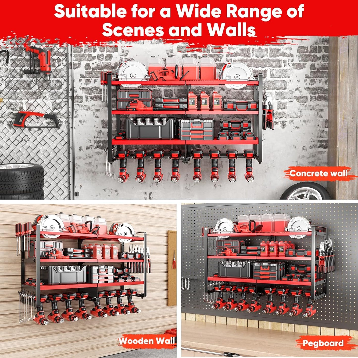 Upgrade Large power tool organizer Wall Mount,4 Layers Heavy Duty Metal Loads 400lbs Power Tool Hanger Shelf Battery Storage with 8 Cordless Drill Bit Holder,Utility Racks for Garage Tool Room