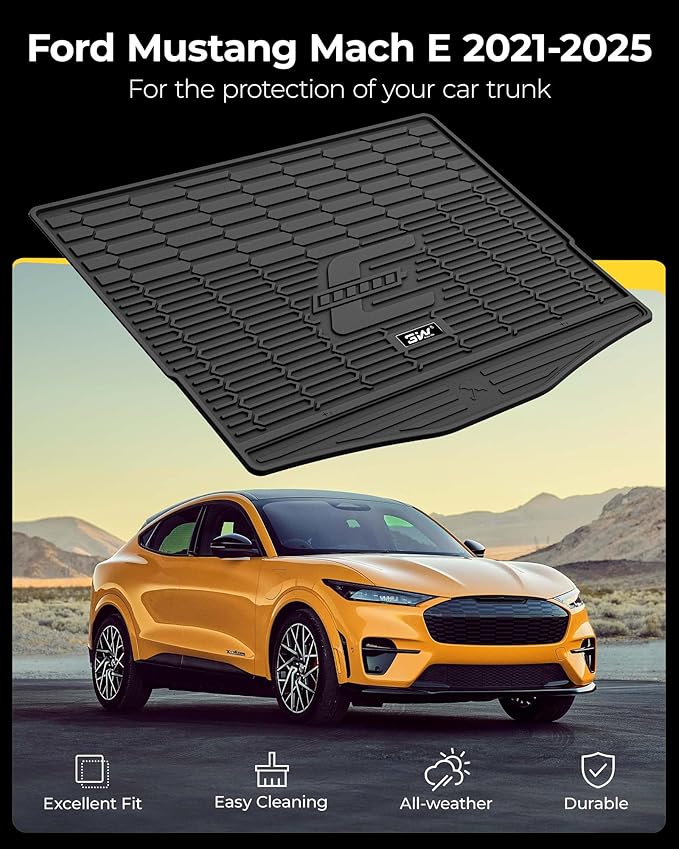 3W Ford Mustang Mach E Cargo Liner Fit for 2021 2022 2023 2024 2025, All Weather TPE Car Mats Custom TPE Fit Trunk Mat, Black (Trunk Base Upper Only)